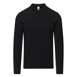 A black long-sleeved polo shirt with a collar and buttons, featuring a logo on the chest.
