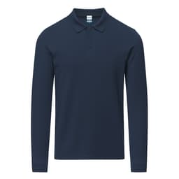 A navy long-sleeve polo shirt with a collar and three buttons, featuring a logo.
