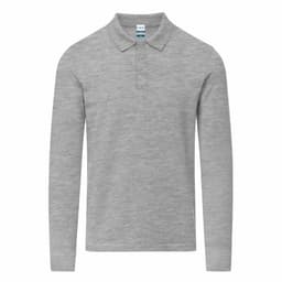 A grey long-sleeved polo shirt featuring a collar and three buttons, with a logo on the label.