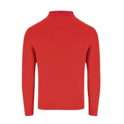 A red Charlot polo shirt featuring long sleeves and a collar, with a logo on the back.