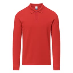 A red long-sleeve polo shirt featuring a collar and three buttons, with a logo on the chest.