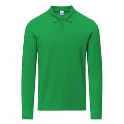 A green long sleeve polo shirt with a collar and three buttons, featuring a logo.