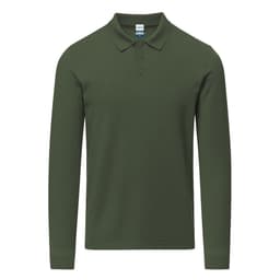 A long-sleeve polo shirt in olive green, featuring a collar and a logo on the chest.