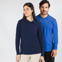 A navy long-sleeve polo shirt worn by a woman and a blue long-sleeve polo shirt worn by a man, both featuring logos.