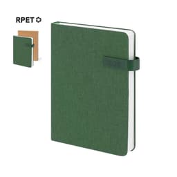 A green diary with a textured cover, featuring an elastic band and a smaller notebook beside it.