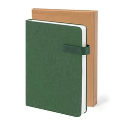 A green diary with a textured cover, accompanied by a brown kraft paper box. The diary features an elastic band closure.