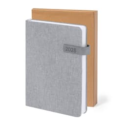 A grey diary with a band featuring the year 2026, accompanied by a brown kraft cover.