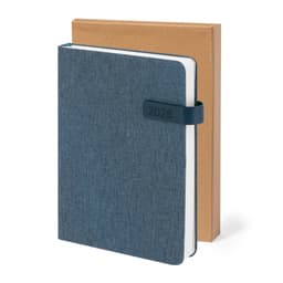 A blue diary with a textured cover, featuring an elastic band, alongside a brown kraft cover.