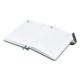 An open green diary with blank white pages, featuring a bookmark and a logo on the cover.