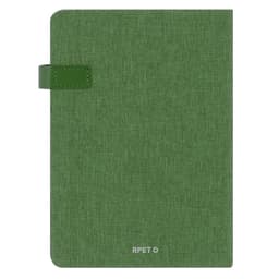 A green diary with a textured finish and a closure tab, featuring a logo on the front.