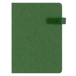 A green diary with a textured cover and a strap featuring the year 2026. The diary has a logo on it.