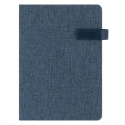 A blue diary with a textured cover and a band indicating the year 2026. It features a logo on the front.