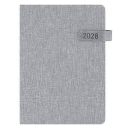 A grey diary with a textured cover and a tab marked '2026'. It features a logo on the front.