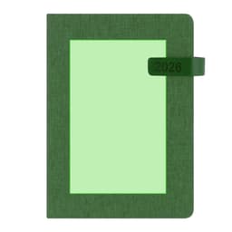 A green diary with a textured cover and a tab displaying the year 2026. It features a blank space on the front.