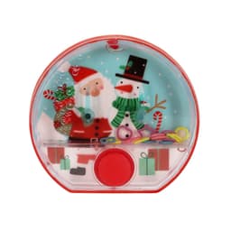 A circular game featuring Santa and a snowman against a festive background, with coloured rings and a button. The design is mainly red and blue.