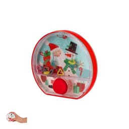 A ring toss game in a circular red casing featuring Santa and a snowman with festive decorations inside.