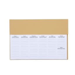 A weekly planner pad with a brown paper backing and white pages, featuring sections for each day of the week.