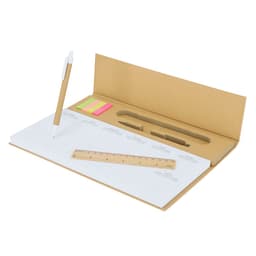 A kraft paper planner set featuring a pen, ruler, and sticky notes in pink and yellow. Has a logo on the cover.
