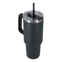 A drink bottle with a dark grey insulated finish, a transparent lid, and a straw, featuring a handle.