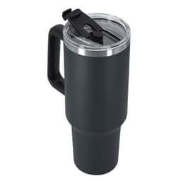 A drink bottle featuring a dark grey insulated design, with a clear lid and a black handle. It includes a logo.