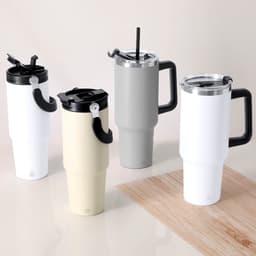 A drink bottle collection featuring insulated mugs in white, grey, and cream, with black lids and handles.