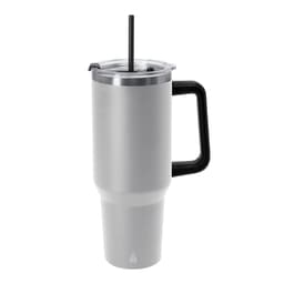 A drink bottle in grey with a stainless steel lid, a black handle, and a straw, featuring a logo.