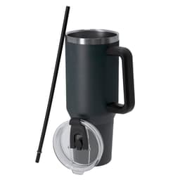 A drink bottle in dark grey with a stainless steel interior, featuring a handle, lid, and reusable straw.