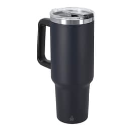 A drink bottle featuring a sleek black design, with a clear lid and a sturdy handle. It includes a logo on the side.