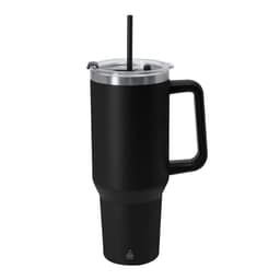 A drink bottle with a black insulated body, clear lid, and reusable straw. Features a handle and a logo.