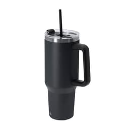 A drink bottle with a black matte finish, featuring a straw and a handle, designed for insulation. It has a logo.