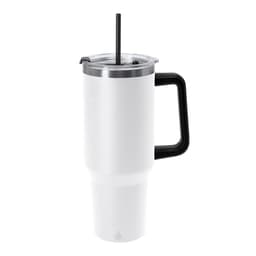A drink bottle with a white insulated body, stainless steel rim, and a black handle, featuring a straw and a lid.