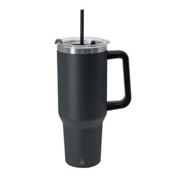 A drink bottle featuring a matte black finish, a handle, and a stainless steel lid with a straw.