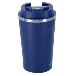 A drink bottle featuring a navy blue insulated design with a stainless steel band and a lid. It has a branding logo.