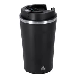 A drink bottle in matte black with a stainless steel rim and a lid, featuring a logo on the front.