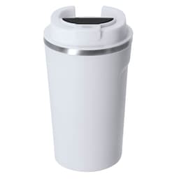 A drink bottle in white with a silver band and a black lid, featuring a logo on its body.