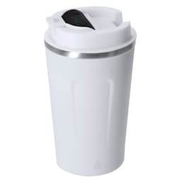 A drink bottle with a white body and stainless steel accents, featuring a lid with a logo. Ideal for insulation.