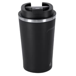 A drink bottle in matte black with a silver band and a lid featuring a built-in handle. It has a logo on it.