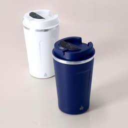 A drink bottle set featuring a white and a navy insulated cup, both with lids and a logo.