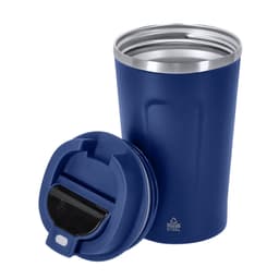 A drink bottle in deep blue with a stainless steel interior and a matching lid, featuring a logo on the base.