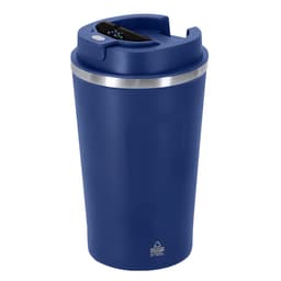 A drink bottle in dark blue with a metallic band at the top and a lid featuring a logo.
