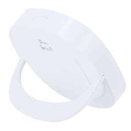 A white handheld mirror with a built-in stand and a simplistic design. It features a logo on the back.