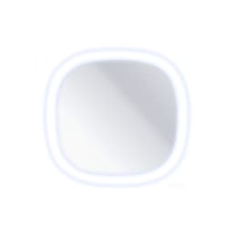 A square mirror with a glowing white border. It features a sleek design and is suitable for personal grooming.