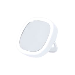 A compact white mirror with a smooth, reflective surface and a built-in stand.