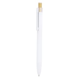 A white ballpoint pen with a bamboo accent and a silver clip, featuring a minimalist design and sleek finish.