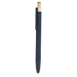 A ballpoint pen with a navy blue body and a bamboo top, featuring a clip and a logo.