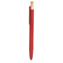 A red ballpoint pen with a gold clip and tip, featuring a smooth finish and branding on the barrel.