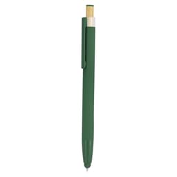 A green ballpoint pen with a natural bamboo accent and a clip, featuring a logo on its body.