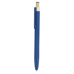 A blue ballpoint pen with a wooden accent and a clip. The pen features a smooth, modern design.