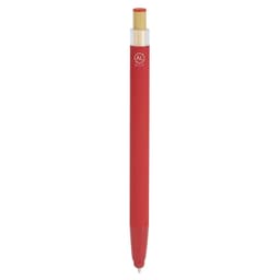 A red ballpoint pen with a bamboo finish and a logo on the side. Ideal for writing and stylus use.