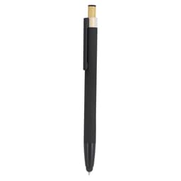 A black ballpoint pen with a bamboo accent and a clip, featuring a stylus tip at one end.